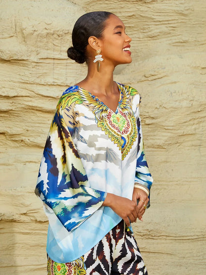 Indigo Tigress Silky Satin  Vacation Top