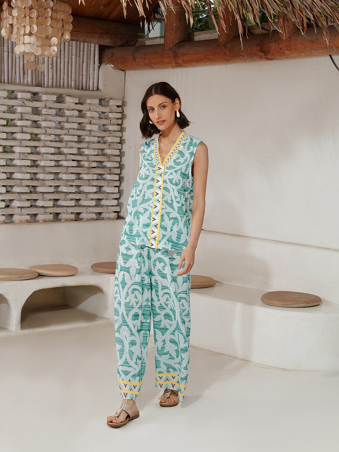 Casual Folk Print Linen Like Wide Leg Pants