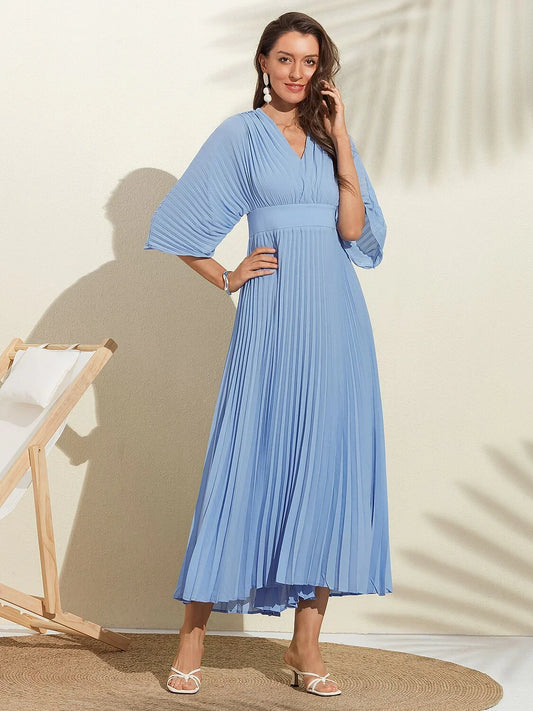 Blue V-Neck Dolman Sleeve Pleated Chiffon Maxi Dress