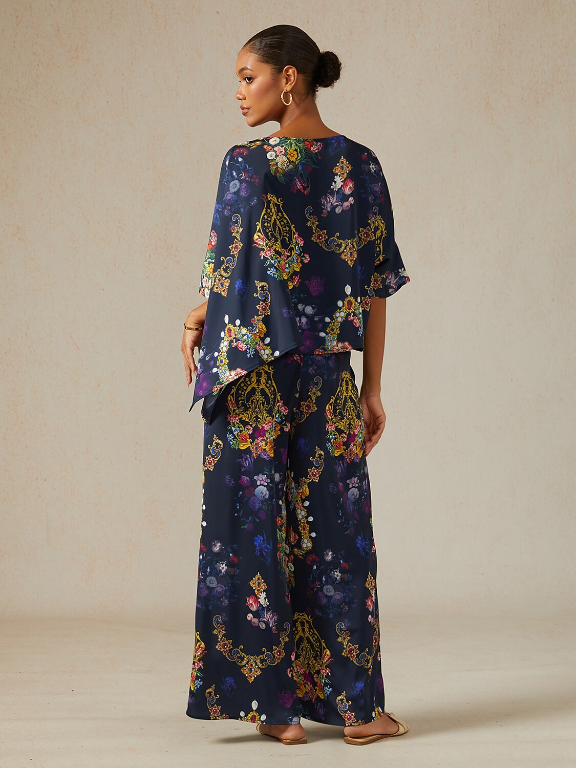 Midnight Jewel Bloom Silky Satin Wide Leg Pants