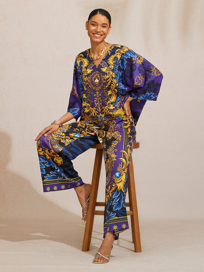 Midnight Purple Baroque Silky Satin Dolman Sleeve Batwing Top