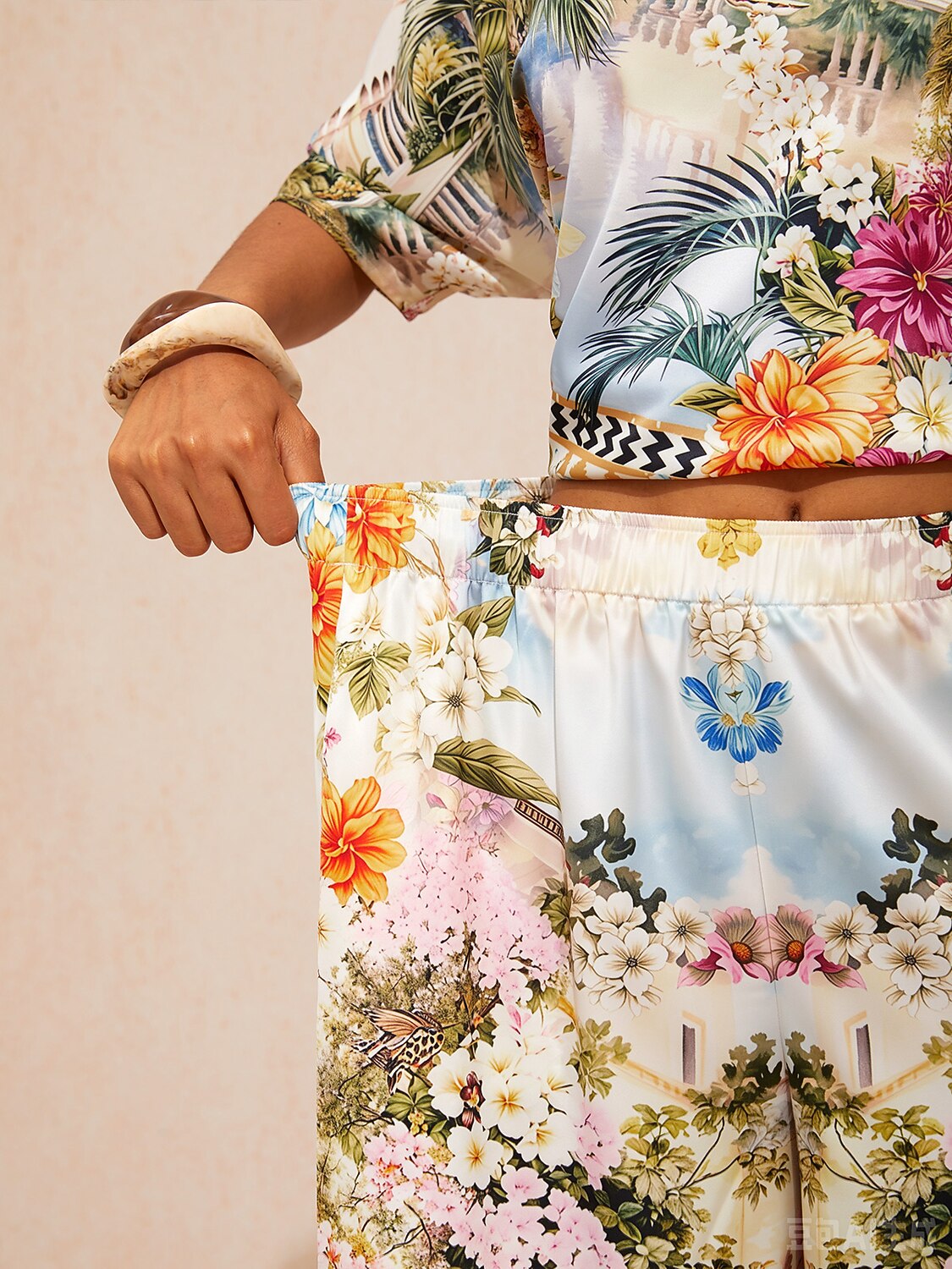 Pastel Floral Garden  Satin Wide Leg Pants