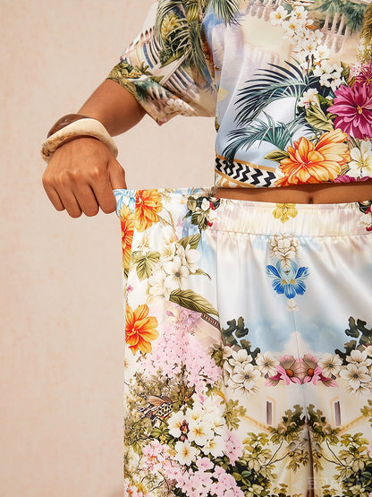 Pastel Floral Garden  Satin Wide Leg Pants