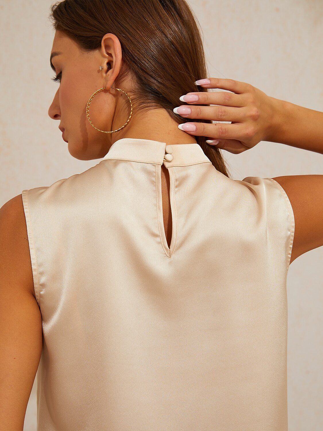Cream Apricot Silky Satin Sleeveless Top