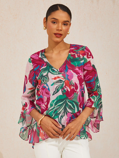Fiery Pink Rose Flowy Chiffon Blouse