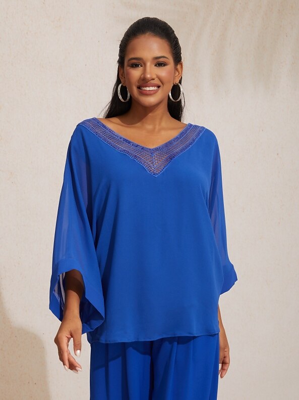Flowy Chiffon Casual Magyar Sleeve Deep V Blouse