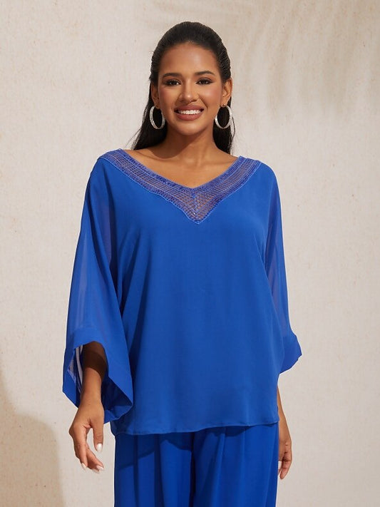 Flowy Chiffon Casual Magyar Sleeve Deep V Blouse