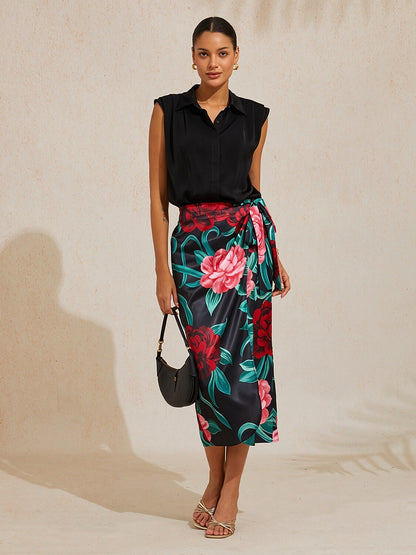 Emerald Rose Garden Silky Satin Wrap Skirt