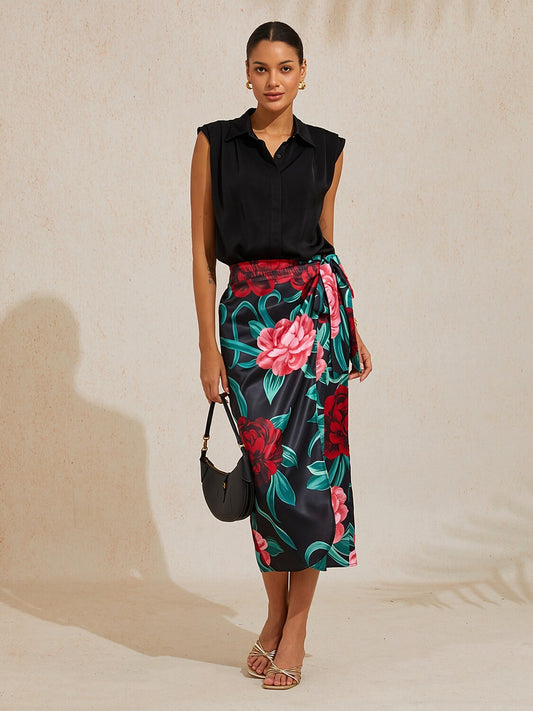 Emerald Rose Garden Silky Satin Wrap Skirt