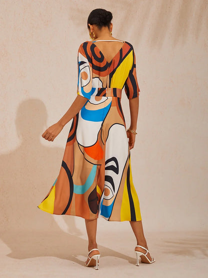 Abstract Art Silky Satin Vacation Maxi Dress
