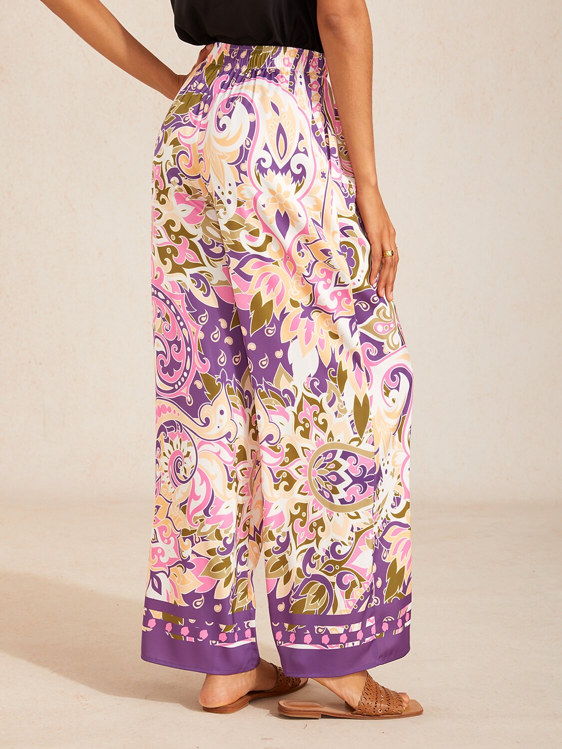 Pastel Floral Garden  Satin Wide Leg Pants