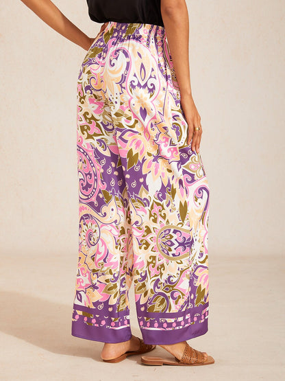 Pastel Floral Garden  Satin Wide Leg Pants