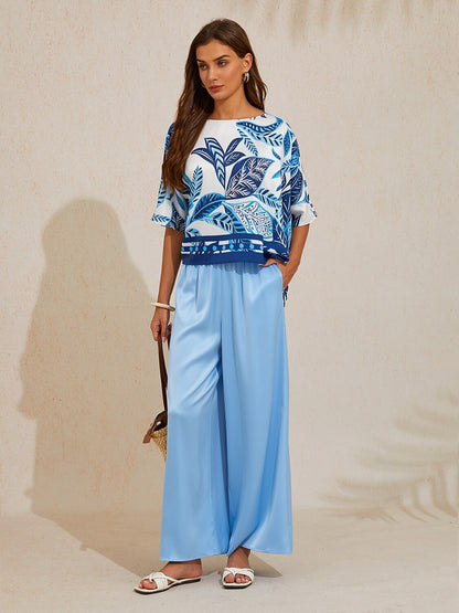 Silky Satin Blue Elastic Waist Wide Leg Pants