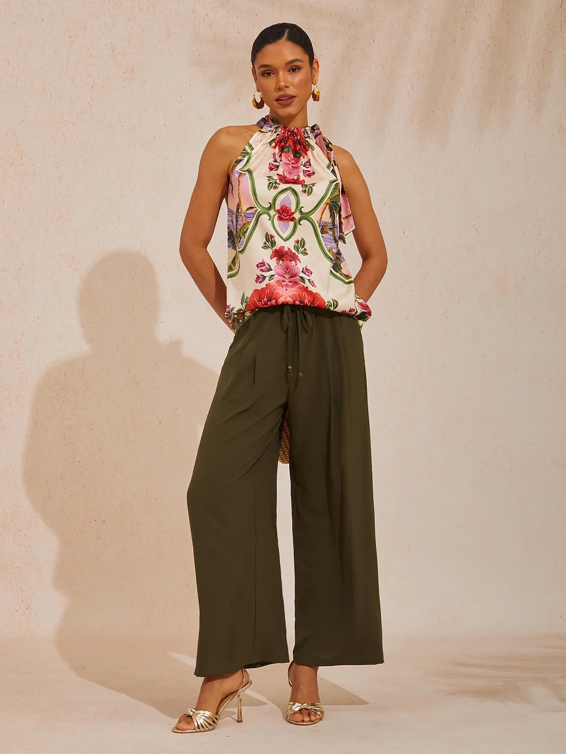 Hawaii Palm Silky Satin Floral Top