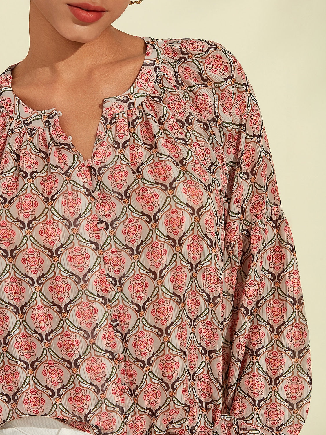 Casual Chiffon Geometric Puff Sleeve Blouse