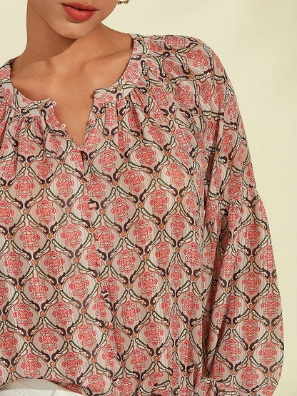 Casual Chiffon Geometric Puff Sleeve Blouse
