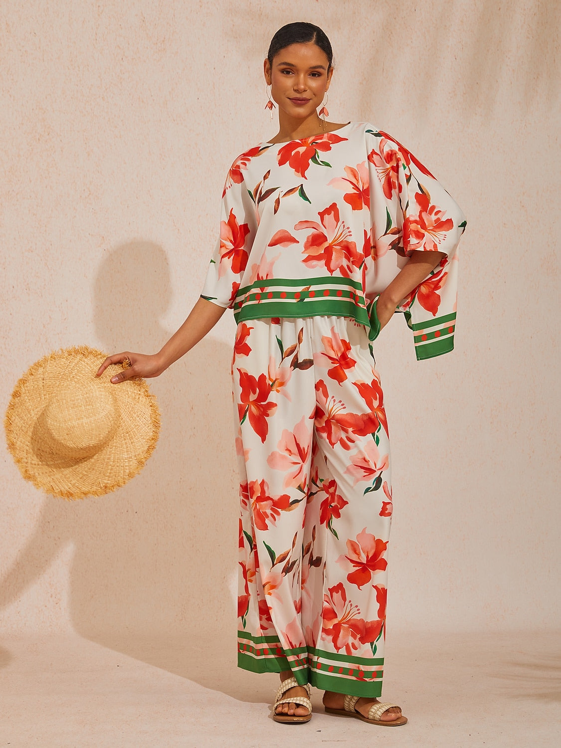 Santorini Summer Silky Elastic Waist Wide Leg Pants