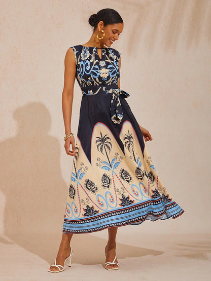 Summer Night Palm Silky Satin Maxi Dress