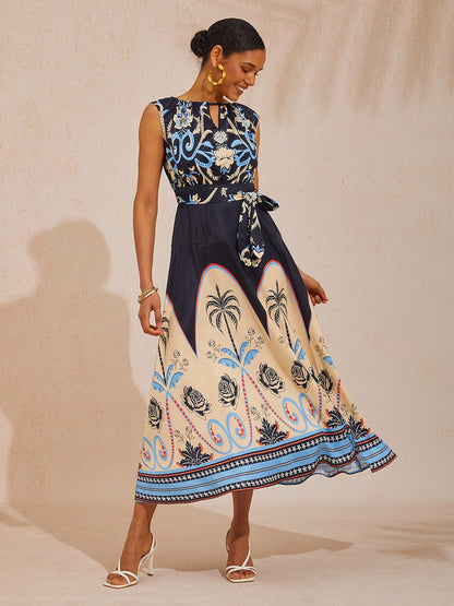 Summer Night Palm Silky Satin Maxi Dress