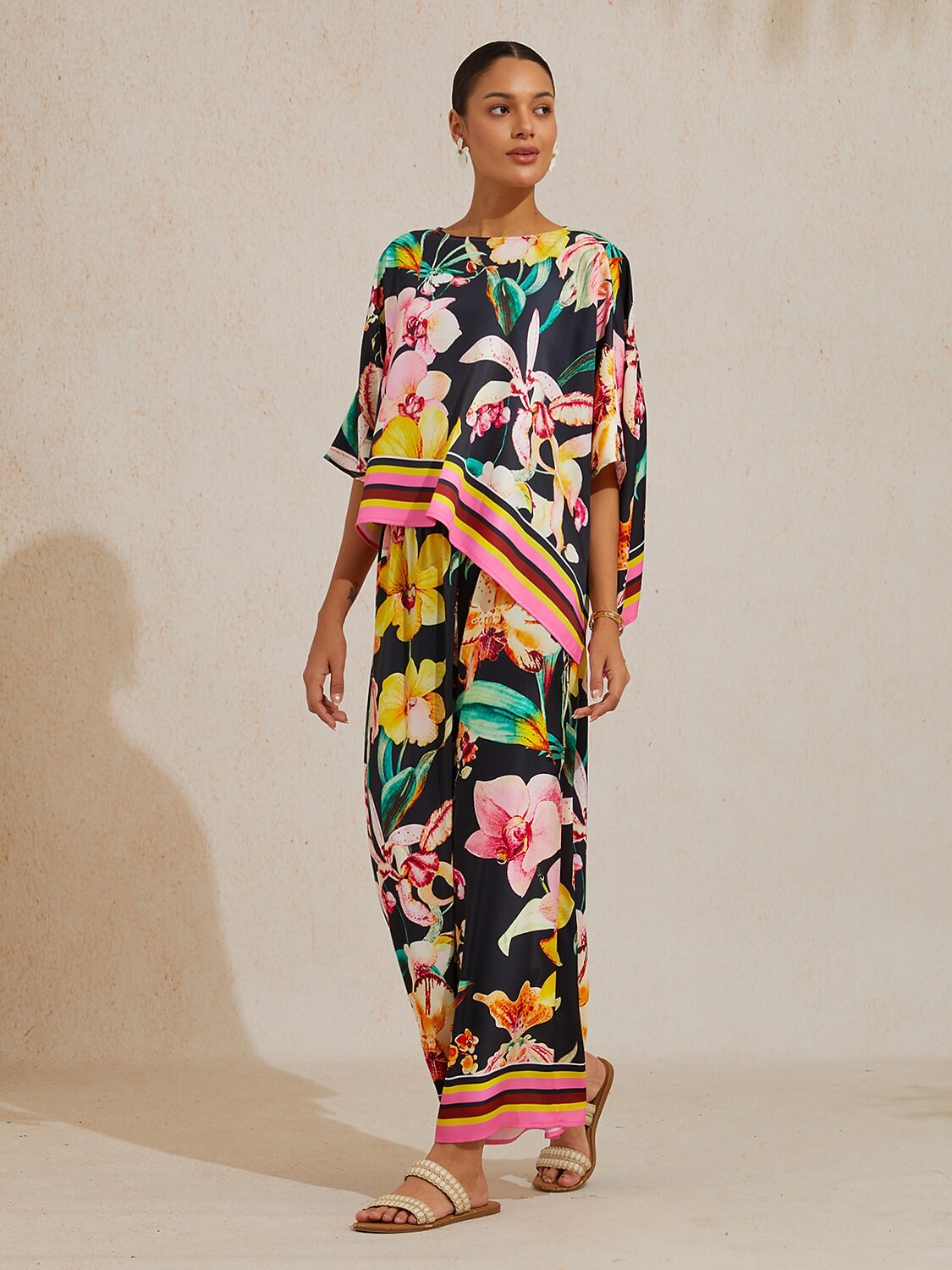 Midnight Floral Carnival Silky Satin Dolman Sleeve Top