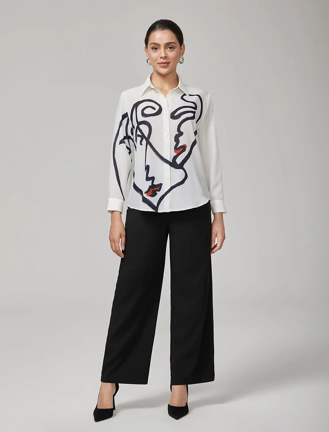 White Artistic Print Long-Sleeve Shirt