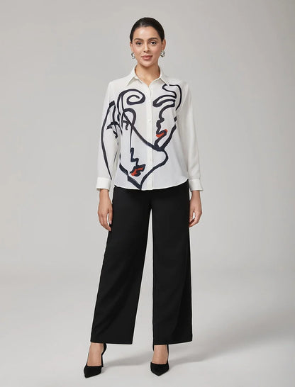 White Artistic Print Long-Sleeve Shirt
