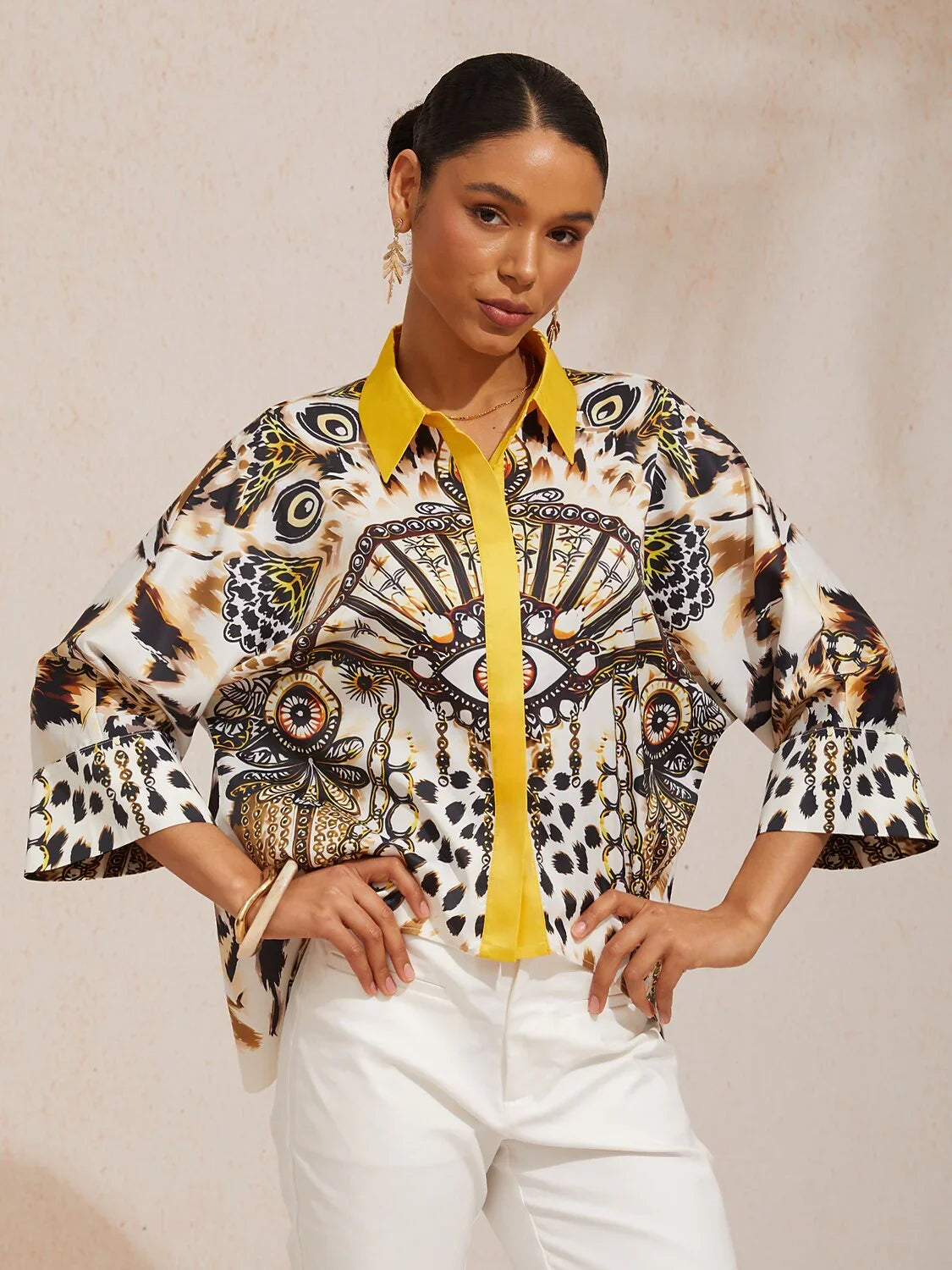 Vintage Leopard Jewelry Silky Satin Dolman Sleeve Shirt