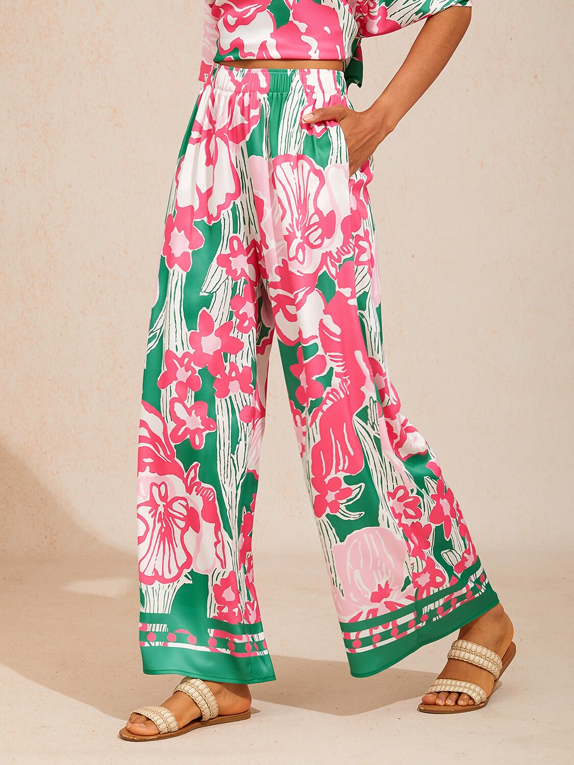 Pastel Floral Garden  Satin Wide Leg Pants