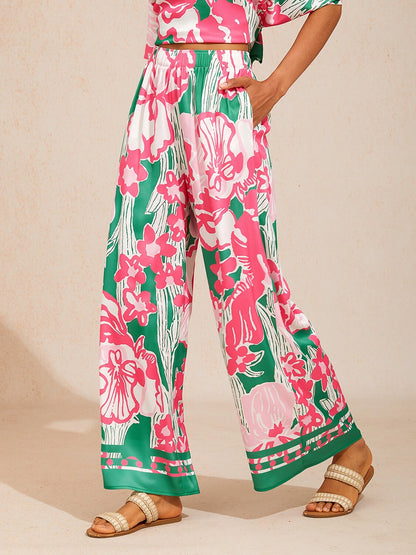 Pastel Floral Garden  Satin Wide Leg Pants