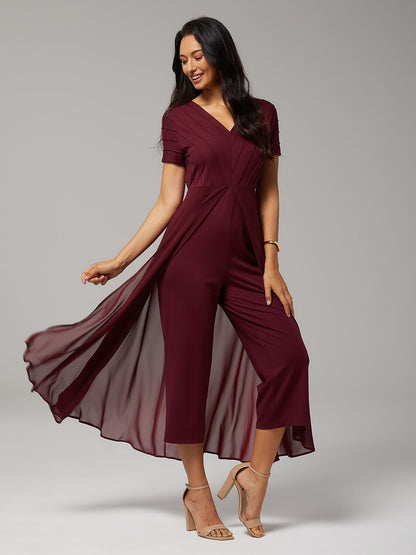 Paneled Design Faux Flowy Sheer Stretch Fabric Jumpsuit
