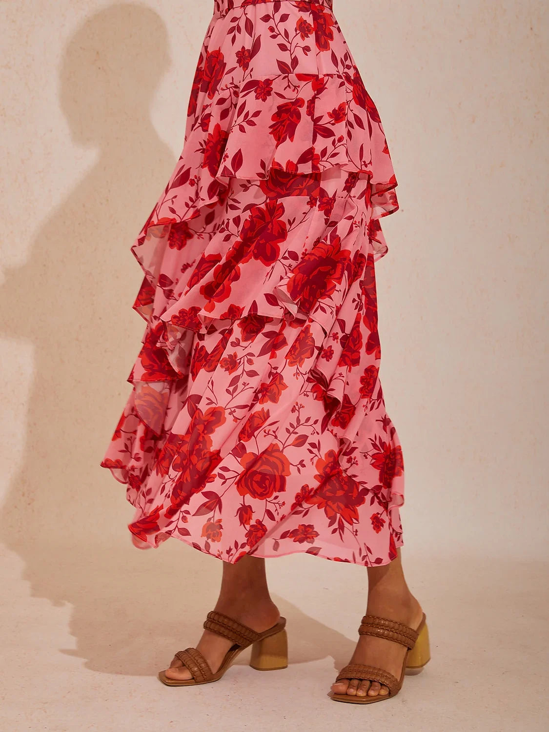 Spring Blooms Flowy Chiffon Waist-cinching Maxi Dress