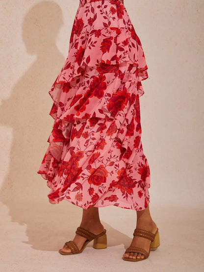 Spring Blooms Flowy Chiffon Waist-cinching Maxi Dress