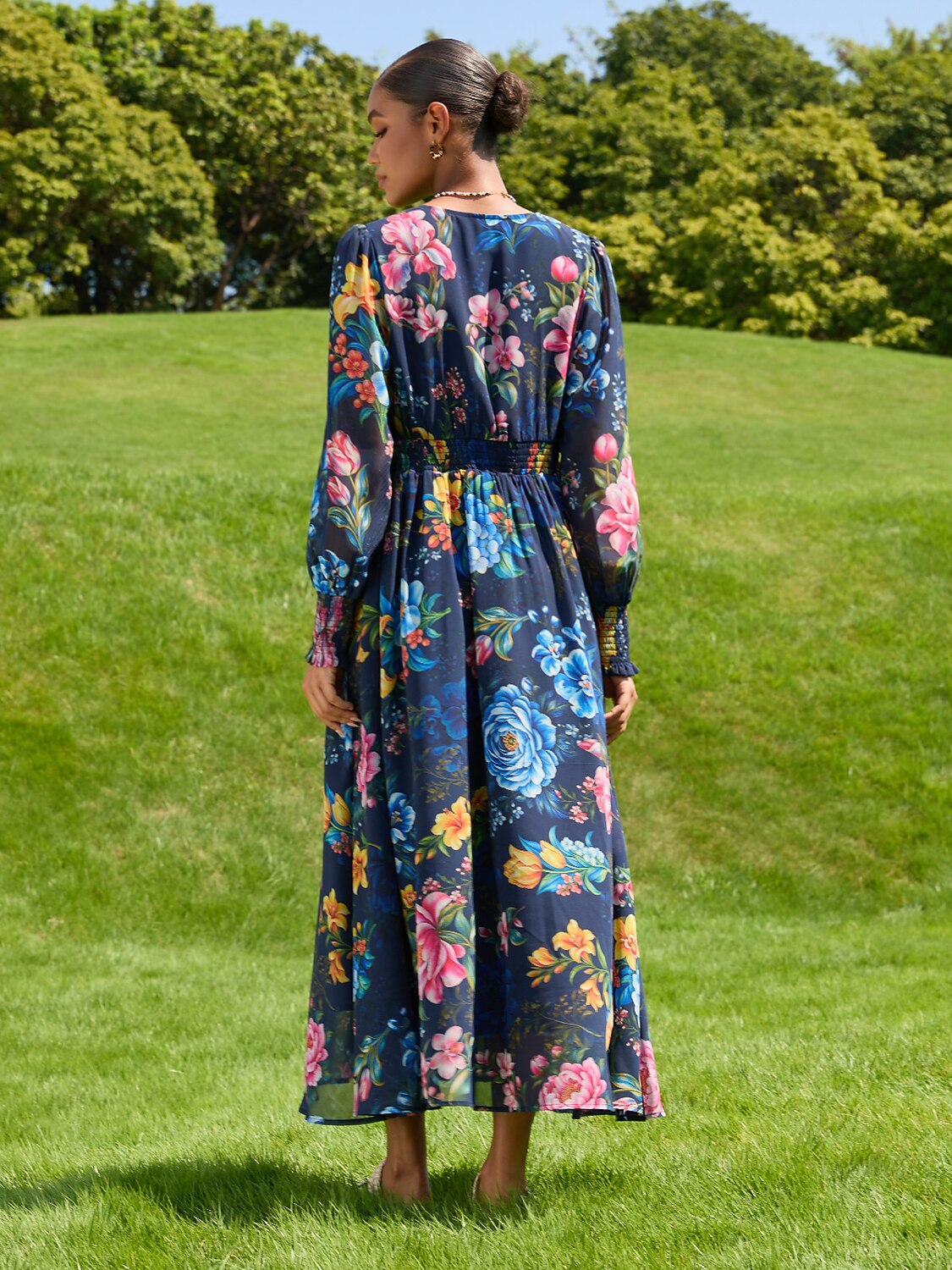 Sapphire Rose Garden Flowy Chiffon Maxi Dress