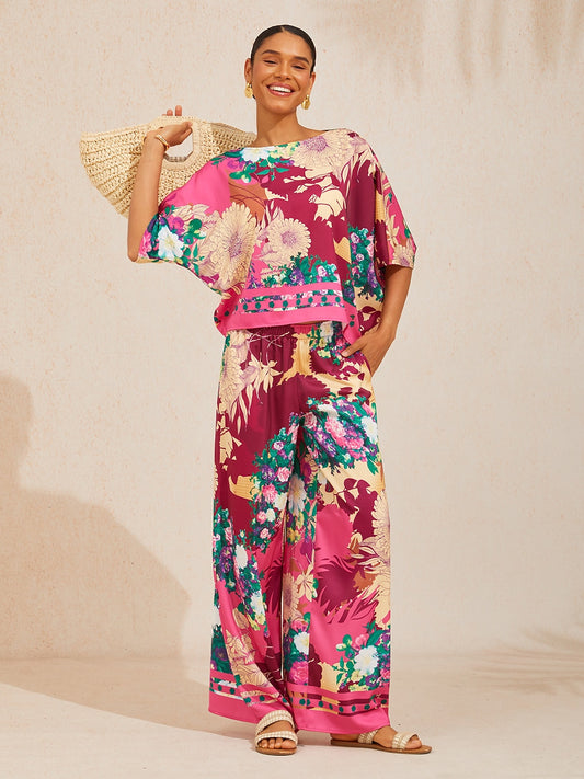 Fiery Pink Rose Silky Satin Batwing Top