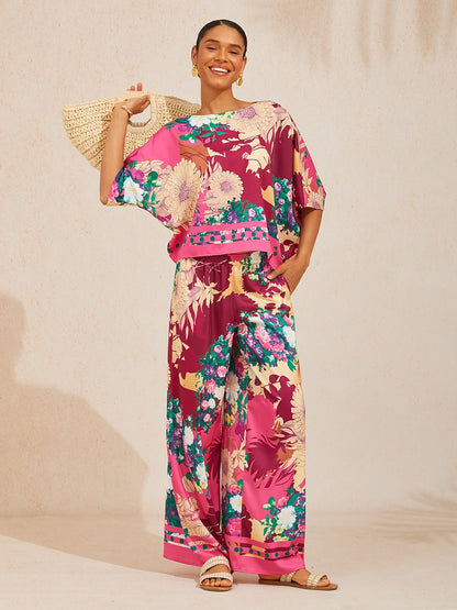 Fiery Pink Rose Silky Satin Wide Leg Pants