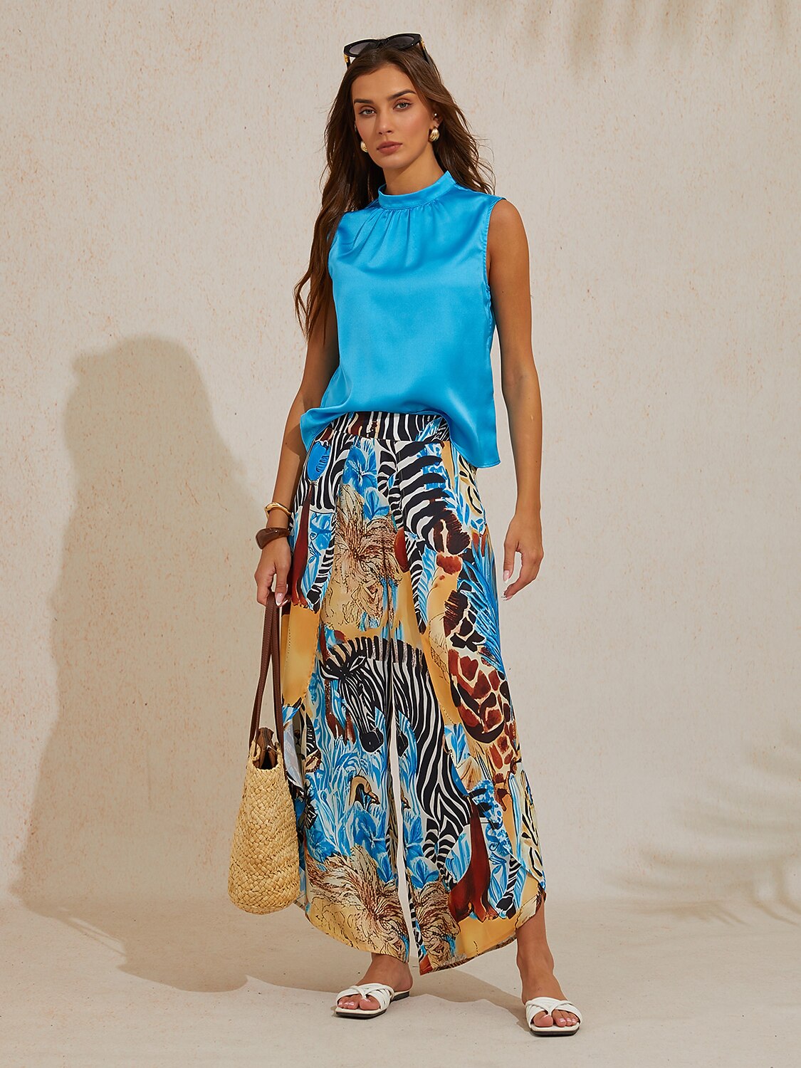 Sapphire Zebra Bloom Silky Satin Slit Wide Leg Pants