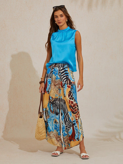 Sapphire Zebra Bloom Silky Satin Slit Wide Leg Pants