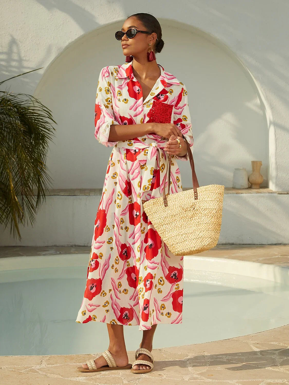 Abstract Floral Print Long Shirt Maxi Dress Vacation Casual