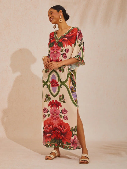 Hawaii Palm Flowy Chiffon Floral Maxi Dress
