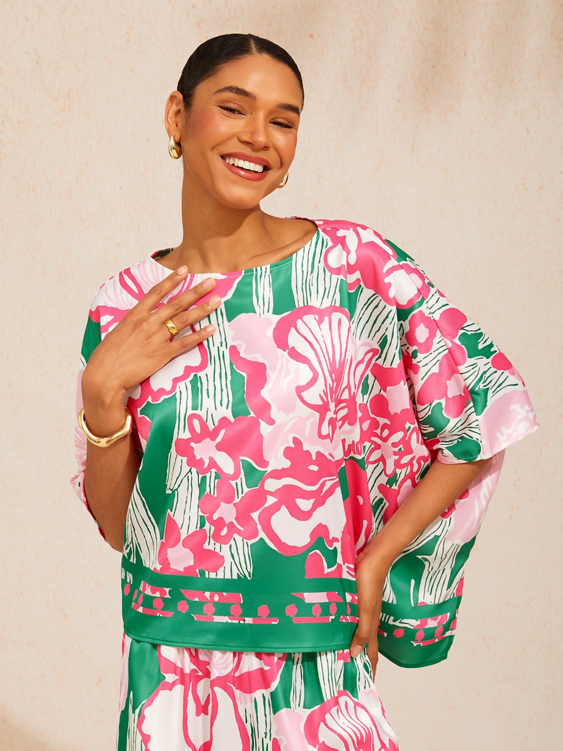 Pastel Floral Garden Silky Satin Dolman Batwing Top