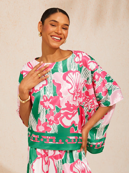 Pastel Floral Garden Silky Satin Dolman Batwing Top