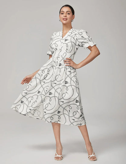Chain Print Smocked Back Corset Midi Dress