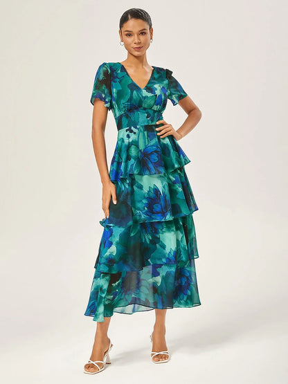 Abstract Floral Ruffle Chiffon Maxi Dress