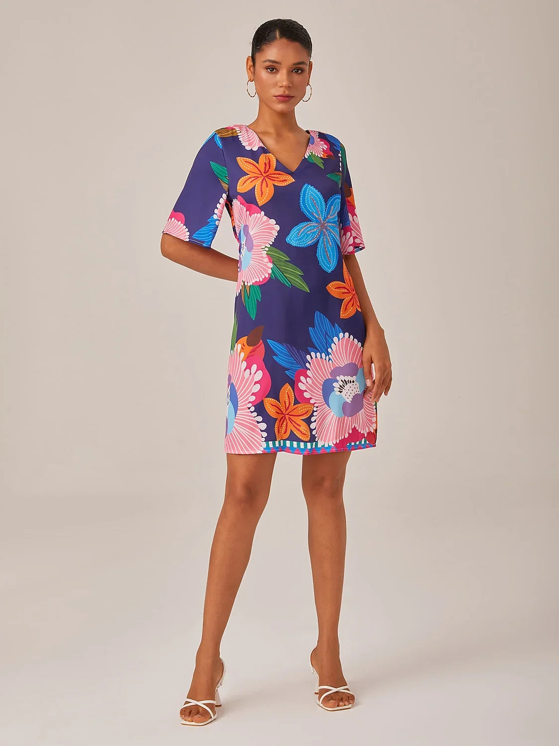 Satin Floral Print Straight Fit Slimming Elastic Back Mini Dress