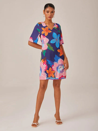 Satin Floral Print Straight Fit Slimming Elastic Back Mini Dress