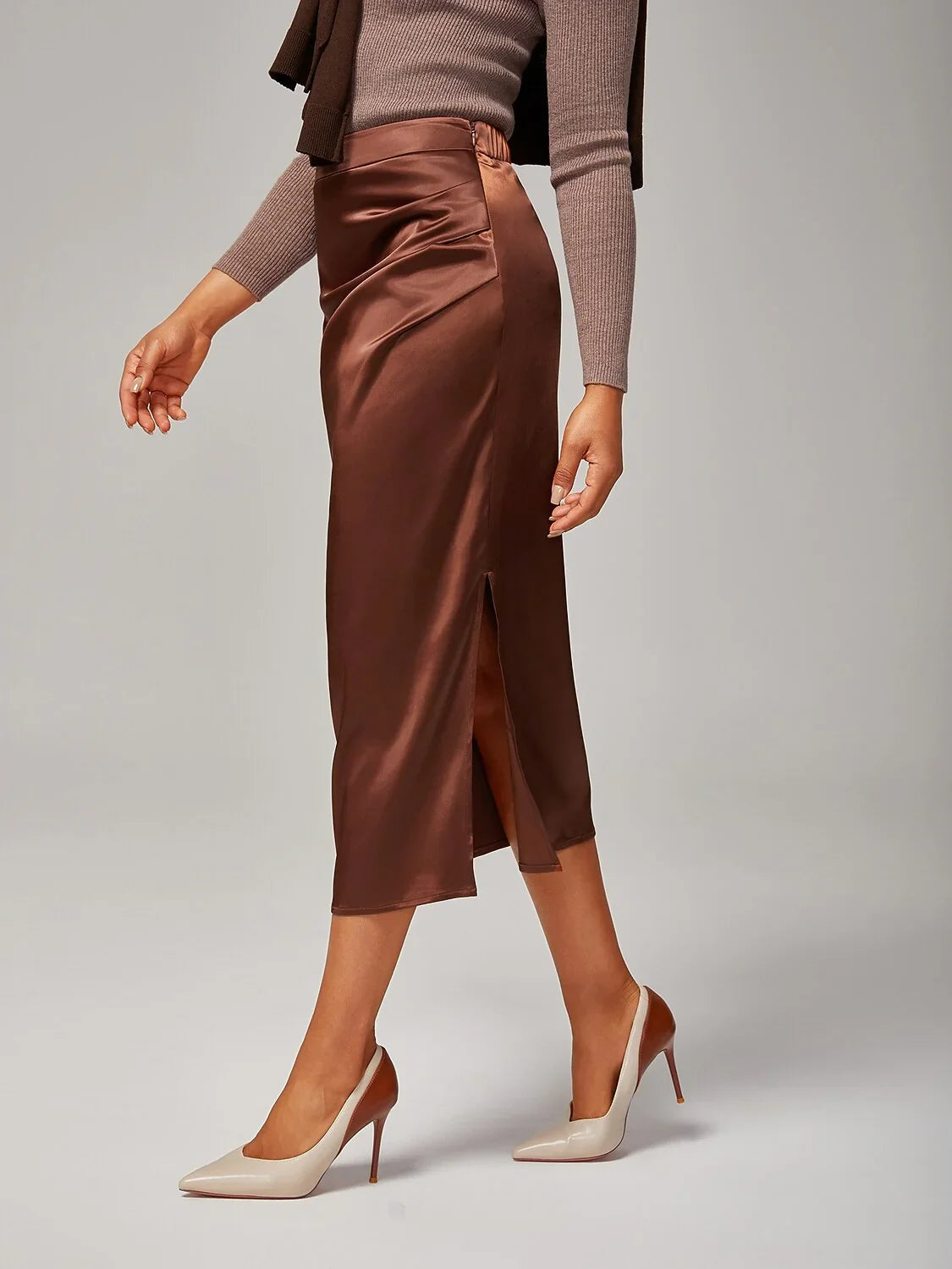 Stretch Pearlescent Satin Midi Skirt