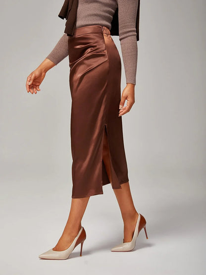 Stretch Pearlescent Satin Midi Skirt