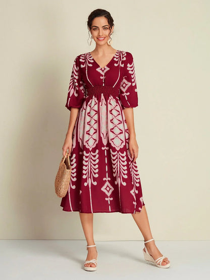 Folk Print Brick Red Half Sleeve V-Neck Midi Dress