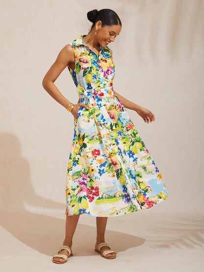 St Barth Blooms Airy Linen Look Blue Shirt Dress