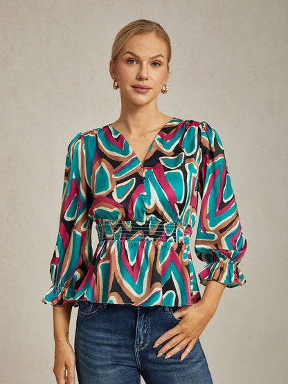 Colorful Abstract Print Cinched Waist Satin Top
